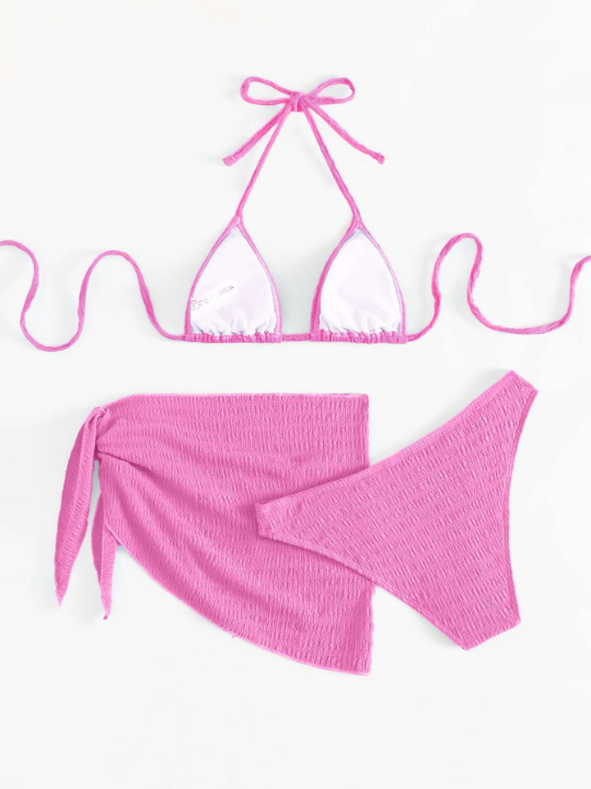 Smocked Bikini Set Halter Triangle Bra Top & Hipster Bikini Bottom & Skirt 3 Piece Bathing Suit