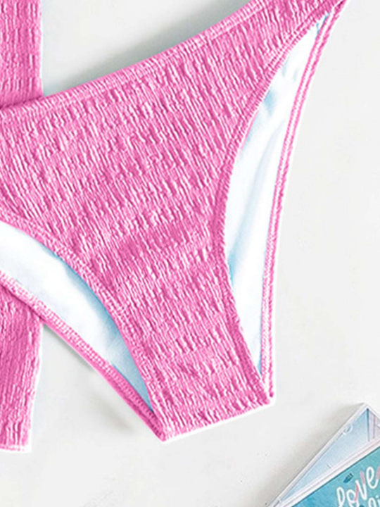 Smocked Bikini Set Halter Triangle Bra Top & Hipster Bikini Bottom & Skirt 3 Piece Bathing Suit