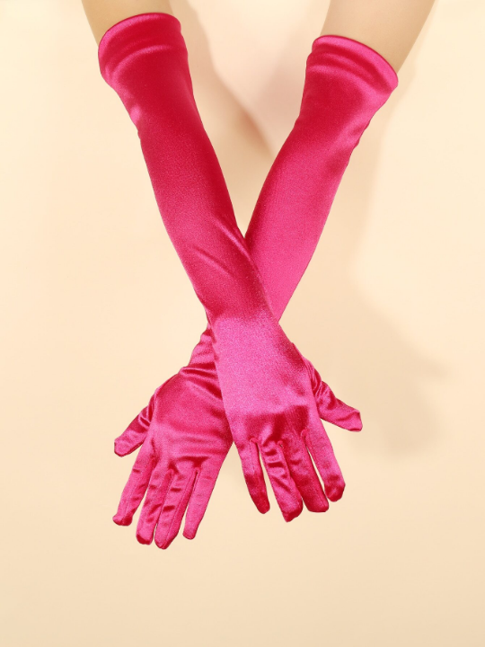 1 Pair Ladies' Fuchsia Long Satin Gloves, Elegant & Simple, Suitable For Daily Dancing Parties And Stage Performances