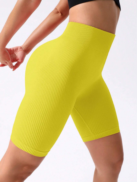 Yoga Basic Solid Wideband Waist Ribbed Knit Biker Shorts