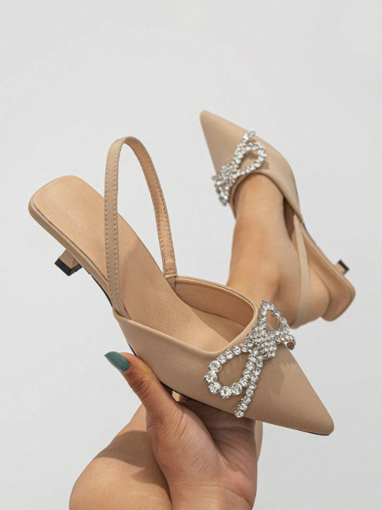 Glamorous Slingback Pumps For Women, Rhinestone & Bow Decor Kitten Heeled Pumps
