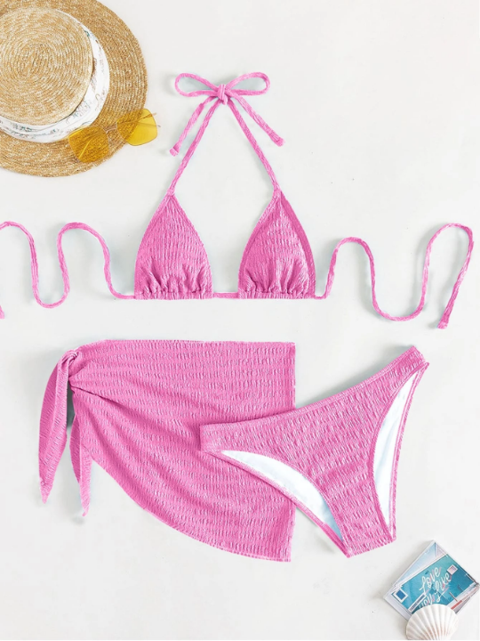Smocked Bikini Set Halter Triangle Bra Top & Hipster Bikini Bottom & Skirt 3 Piece Bathing Suit