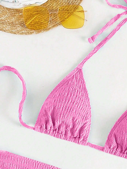 Smocked Bikini Set Halter Triangle Bra Top & Hipster Bikini Bottom & Skirt 3 Piece Bathing Suit