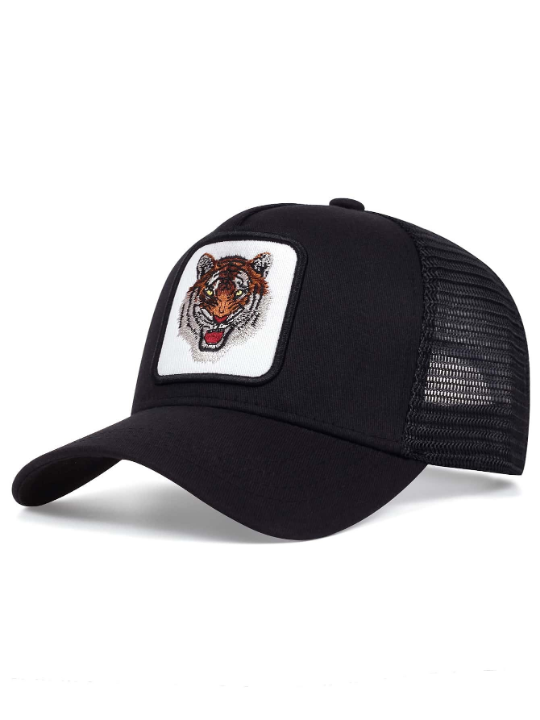 1pc Unisex Mesh Detail Tiger Embroidered Adjustable Fashionable Trucker Hat For Daily Life
