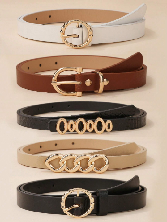 5pcs/set Women's Jeans/dresses Decorative Chain Belt With Circular Buckle, Black & White Color, Suitable For Daily Wear