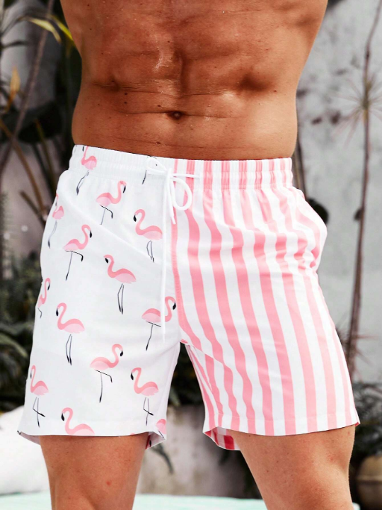 Manfinity Swimmode Men Striped & Flamingo Print Drawstring Waist Swim Trunks