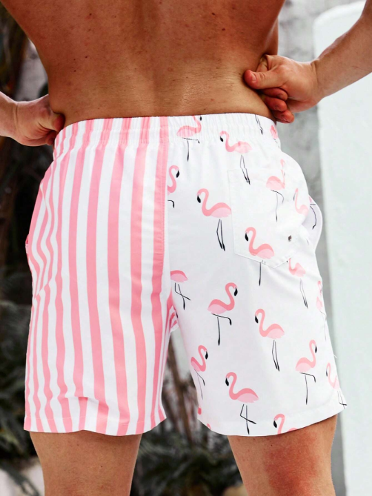 Manfinity Swimmode Men Striped & Flamingo Print Drawstring Waist Swim Trunks