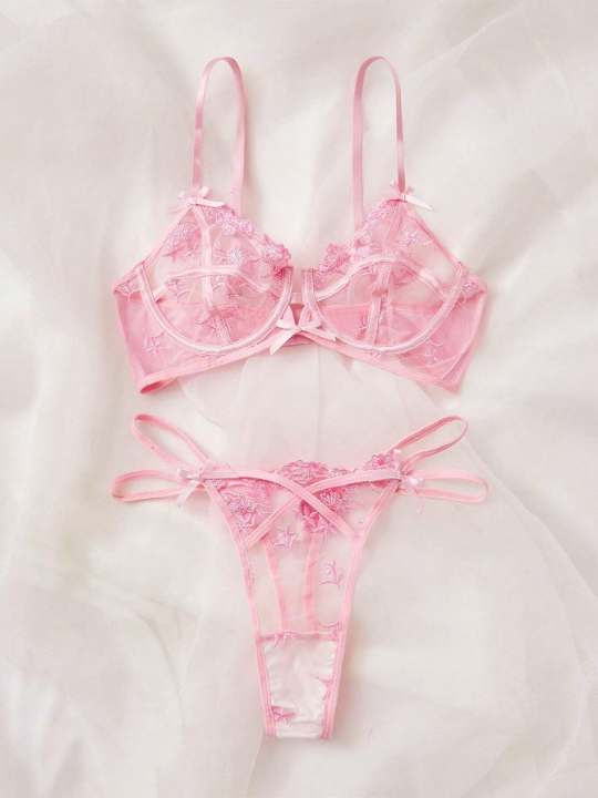 Pure Desire Floral Embroidery Mesh Underwire Lingerie Set