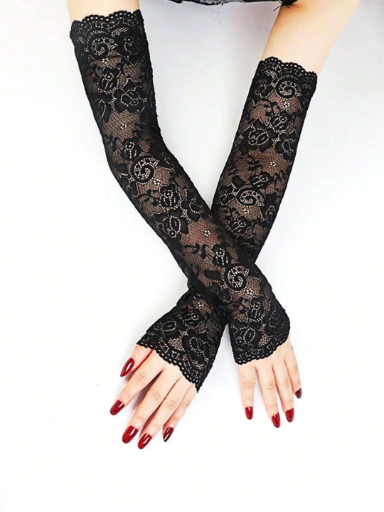 1 Pair Fashionable Women's Simple Long Ice Silk Lace Arm Sleeves For Sun Protection And Breathability In Summer