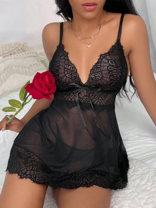 Contrast Lace Mesh Slips With V-string