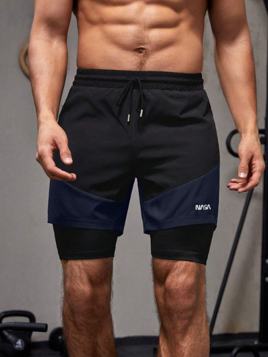 Sport PWRUP Men Letter Graphic Drawstring Waist 2 In 1 Sports Shorts