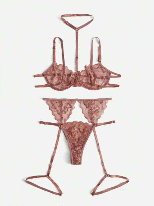 ROMWE Kawaii Floral Lace Underwire Garter Lingerie Set