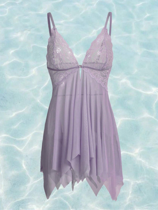 Mermaid Contrast Lace Asymmetrical Hem Slips With Thong