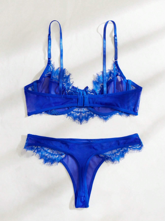 Eyelash Lace Panel Bow Front Underwire Lingerie Set