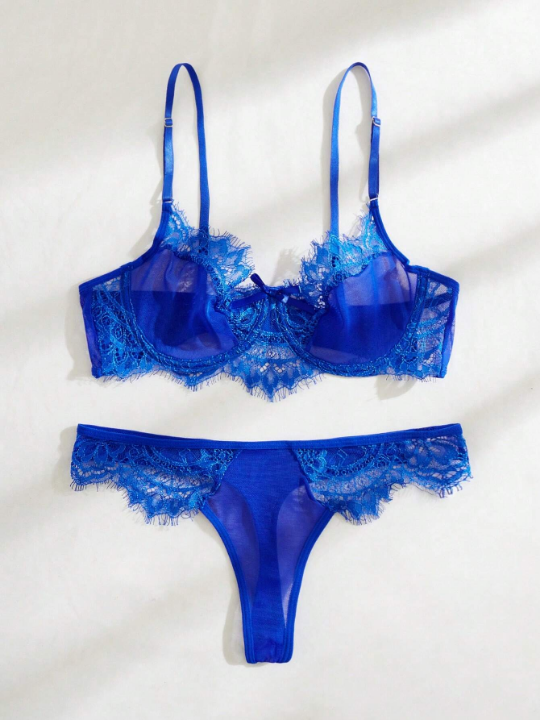 Eyelash Lace Panel Bow Front Underwire Lingerie Set