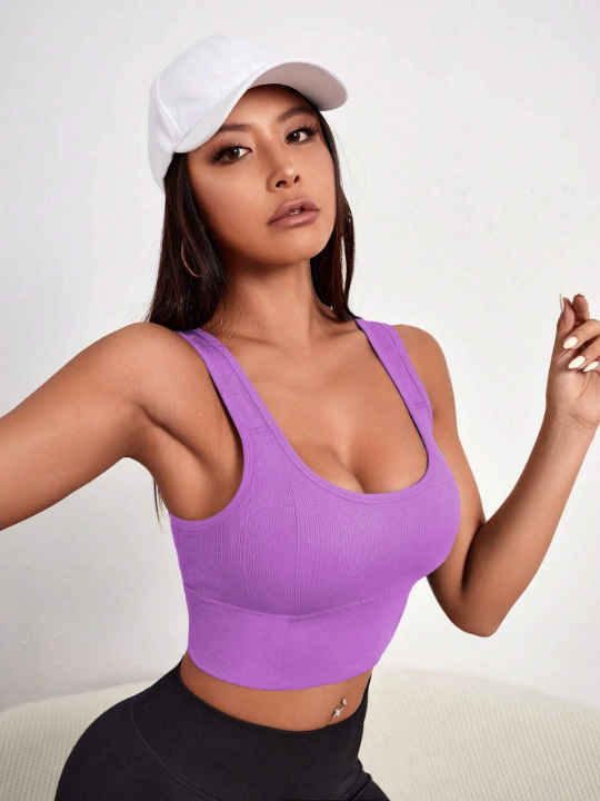 Yoga Basic Solid Ribbed Knit Sports Bra