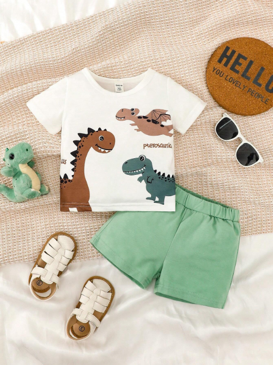 Baby Boy Letter & Dinosaur Print Tee & Shorts