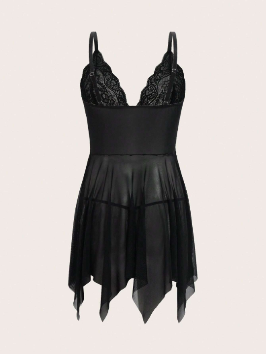 Contrast Lace Asymmetrical Hem Mesh Babydoll Dress With Thong