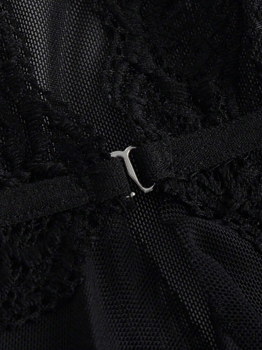 Contrast Lace Asymmetrical Hem Mesh Babydoll Dress With Thong