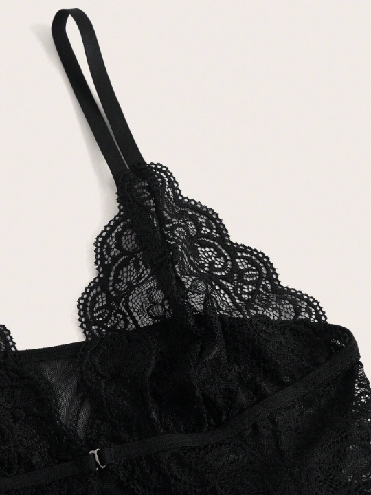 Contrast Lace Asymmetrical Hem Mesh Babydoll Dress With Thong