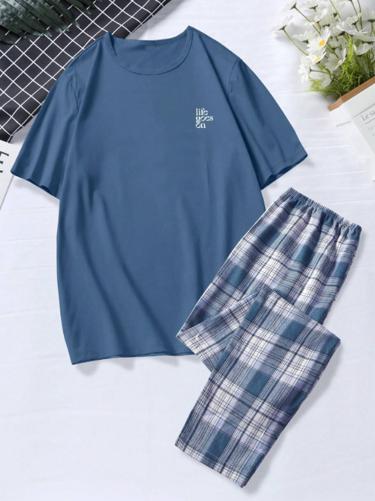Men Slogan Graphic Tee & Plaid Pants PJ Set
