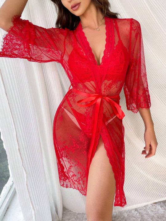 Classic Sexy Floral Lace Belted Robe Without Lingerie