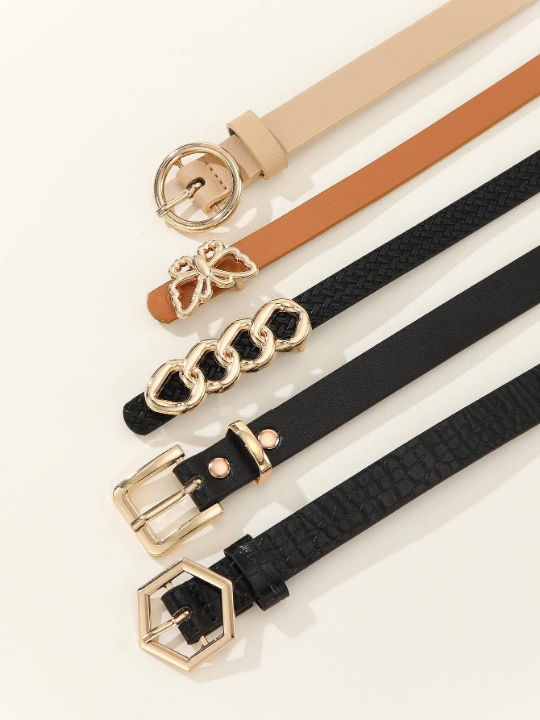 5pcs/set Women's Skinny Belt With Butterfly, Circle & Hexagon Buckle, Suitable For Daily Life
