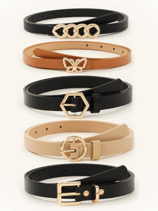 5pcs/set Women's Skinny Belt With Butterfly, Circle & Hexagon Buckle, Suitable For Daily Life