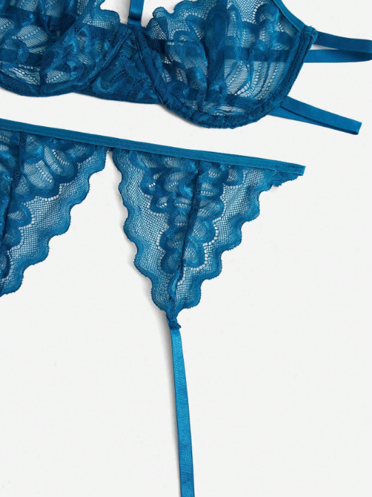 ROMWE Kawaii Floral Lace Underwire Garter Lingerie Set With Choker