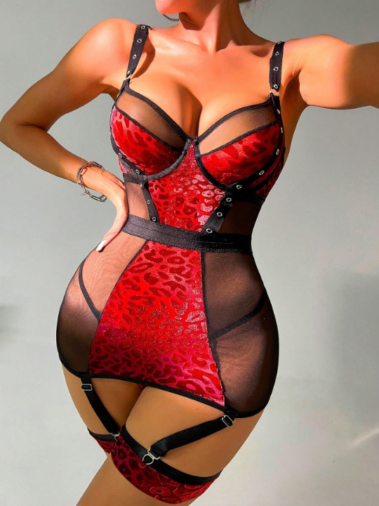 Wild Leopard Print Mesh Underwire Garter Slips With 1pair Leg Ring