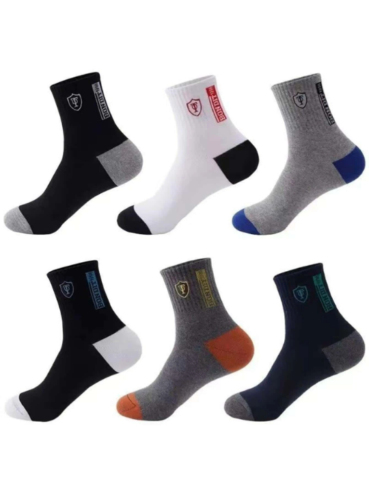 6 Pairs Men Random Shield & Letter Graphic Casual Crew Socks For Daily Life