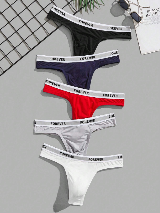 Men 5pcs Letter Graphic Contrast Binding Thong