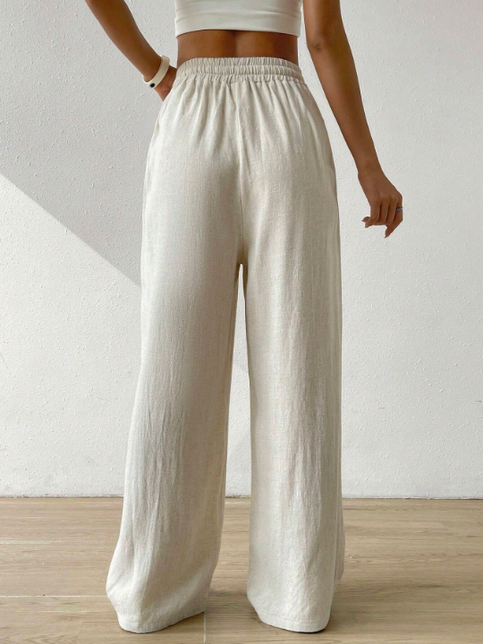 EZwear Women's Summer Solid Color Beige High Waist Drawstring Waist Linen Wide Leg Pants