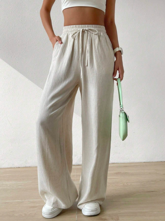 EZwear Women's Summer Solid Color Beige High Waist Drawstring Waist Linen Wide Leg Pants