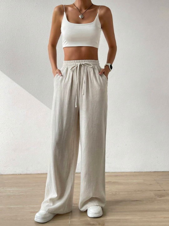 EZwear Women's Summer Solid Color Beige High Waist Drawstring Waist Linen Wide Leg Pants
