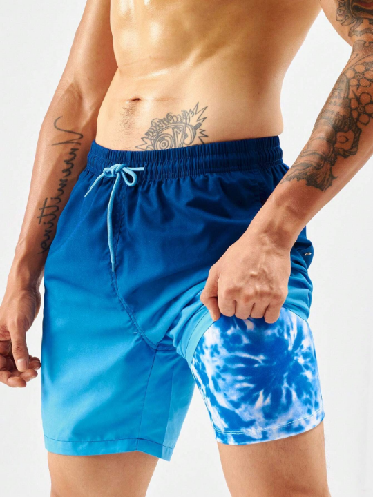 Manfinity Swimmode Men Ombre Drawstring Waist Swim Trunks & Compression Liner