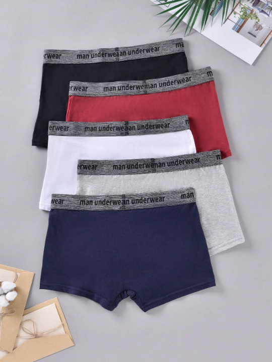 Men 5pcs Letter Graphic Contrast Tape Boxer Brief