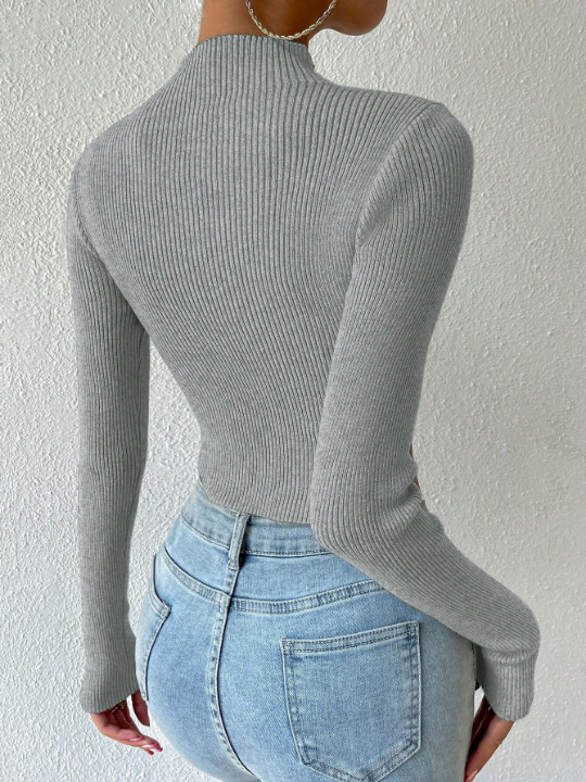 Priv Mock Neck Ribbed Knit Crop Sweater