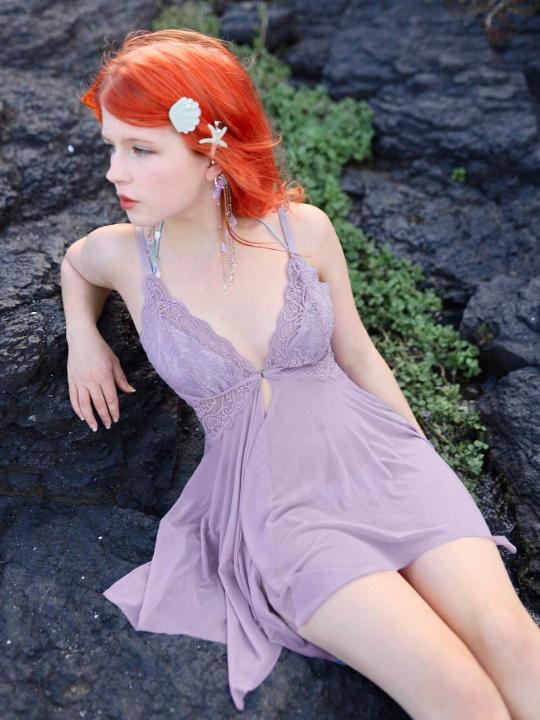 Mermaid Contrast Lace Asymmetrical Hem Slips With Thong