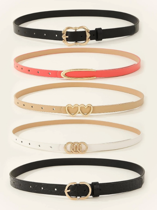 5pcs/set Ladies' Skinny Belt With Round Circle Heart Buckle, Suitable For Everyday Wear