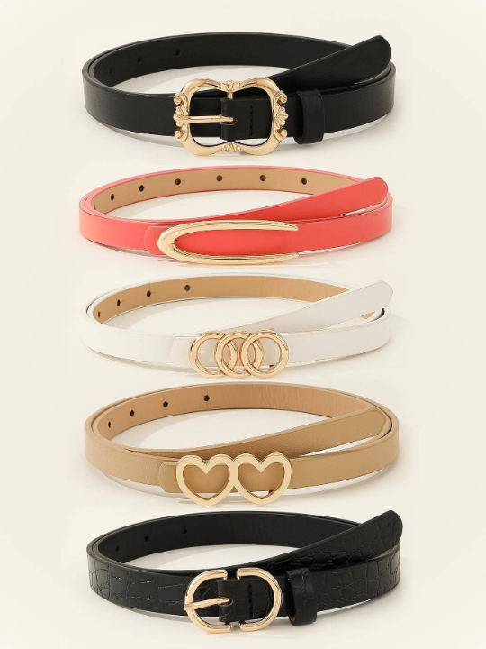5pcs/set Ladies' Skinny Belt With Round Circle Heart Buckle, Suitable For Everyday Wear