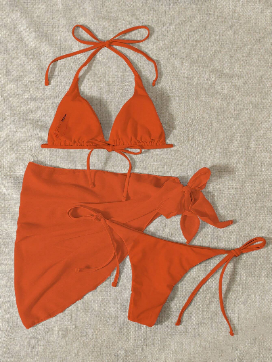 Swim Basics Solid Bikini Set Triangle Bra & Thong Bottom & Beach Skirt 3 Piece Bathing Suit