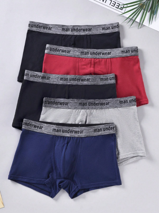 Men 5pcs Letter Graphic Contrast Tape Boxer Brief
