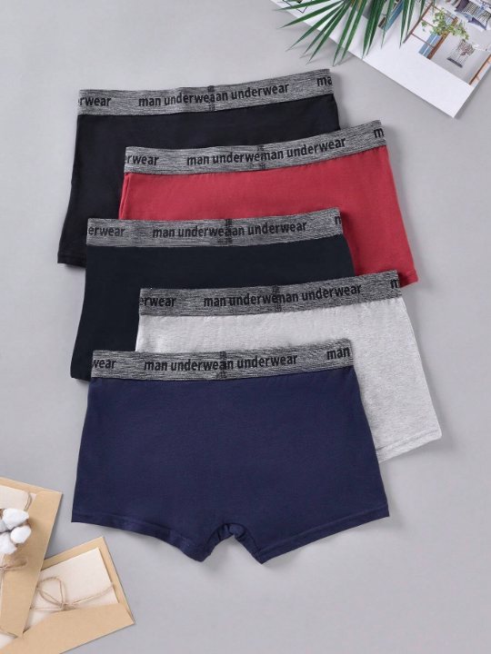 Men 5pcs Letter Graphic Contrast Tape Boxer Brief