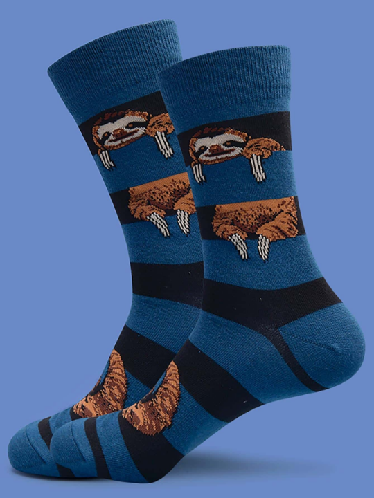 1 Pair Men Sloth Pattern Casual Crew Socks For Daily Life