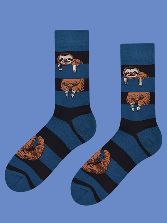 1 Pair Men Sloth Pattern Casual Crew Socks For Daily Life