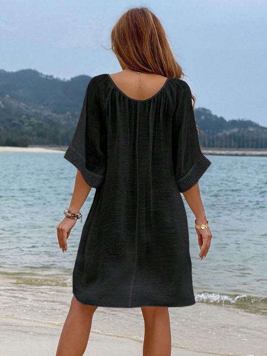 VCAY Tassel Tie Neck Raglan Sleeve Cover Up Dress