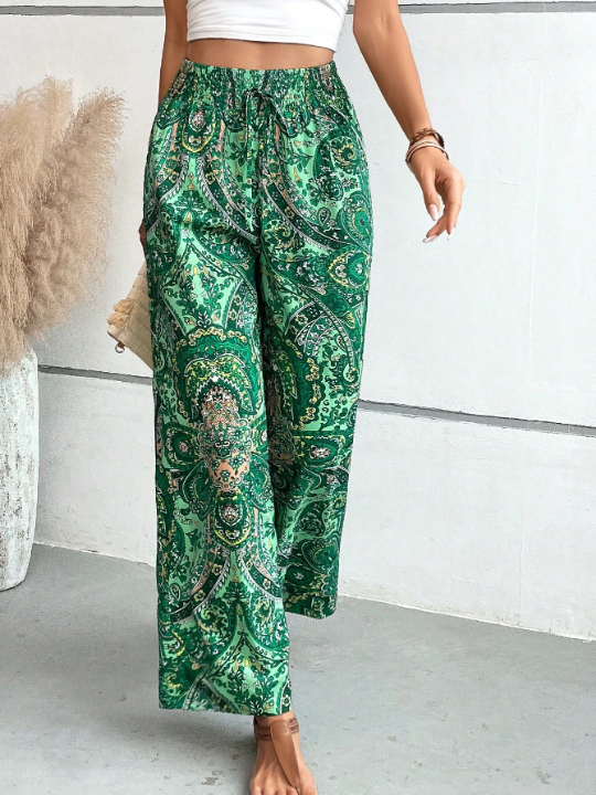 VCAY Paisley Print Tie Front Wide Leg Pants