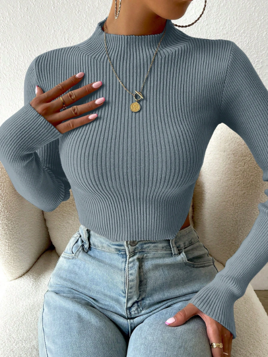 Essnce Mock Neck Ribbed Knit Crop Sweater