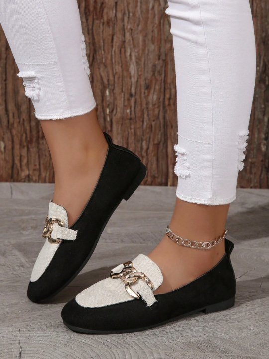 Women Chain Decor Slip-on Flat Loafers, Fashionable Faux Suede Flat Shoes